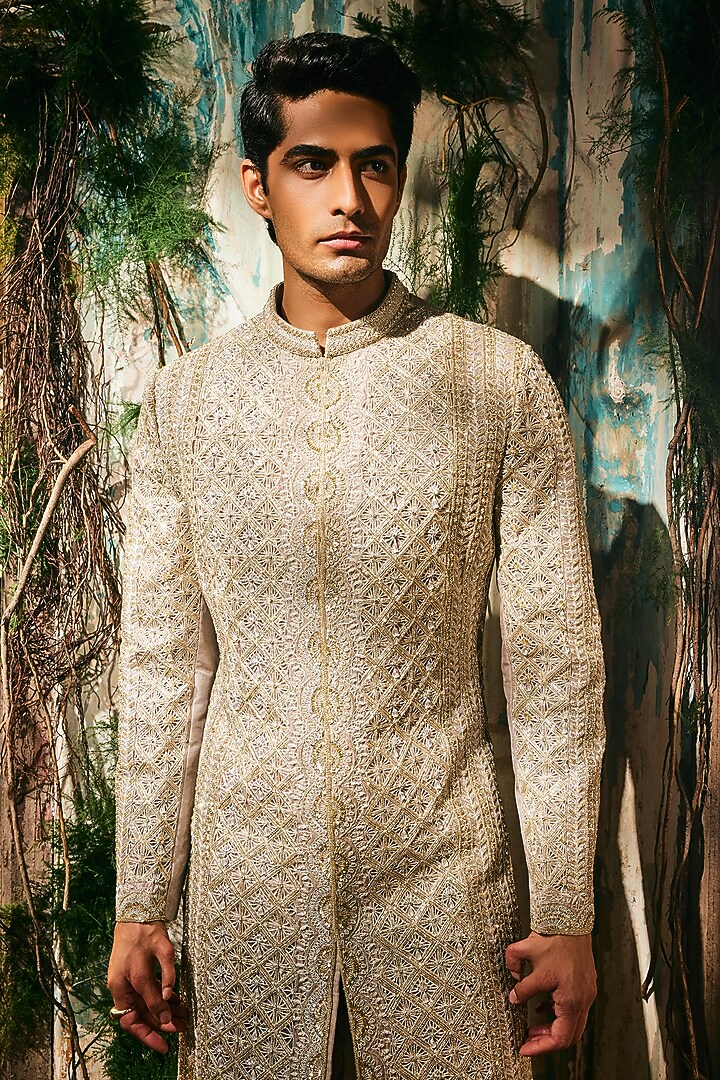 Gold & Silver Twill Silk Embroidered Groom Sherwani Set by Varun Chakkilam Men at Pernia's Pop Up Shop