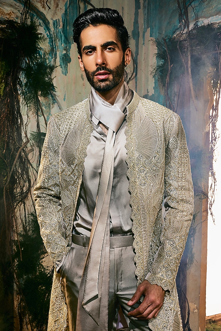 Gold & Silver Twill Silk Open Jacket Set by Varun Chakkilam Men at Pernia's Pop Up Shop