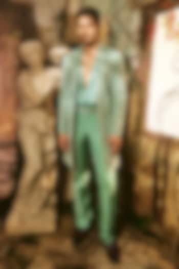 Aqua Green Twill Silk & Satin Open Jacket Set by Varun Chakkilam Men at Pernia's Pop Up Shop