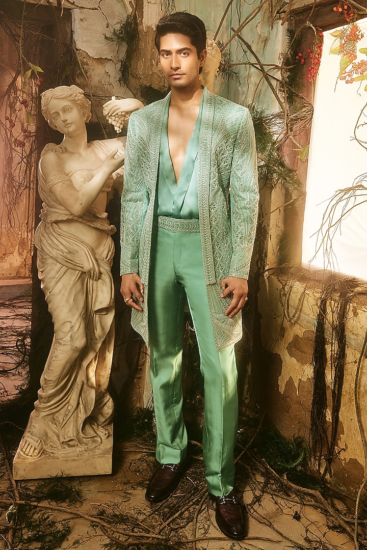 Aqua Green Twill Silk & Satin Open Jacket Set by Varun Chakkilam Men at Pernia's Pop Up Shop