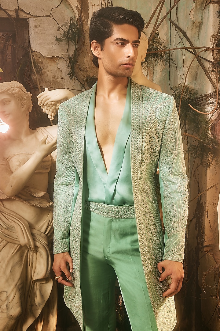Aqua Green Twill Silk & Satin Open Jacket Set by Varun Chakkilam Men at Pernia's Pop Up Shop