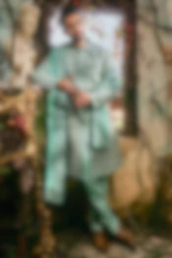 Aqua Green Organza & Satin Lycra Groom Sherwani Set by Varun Chakkilam Men at Pernia's Pop Up Shop