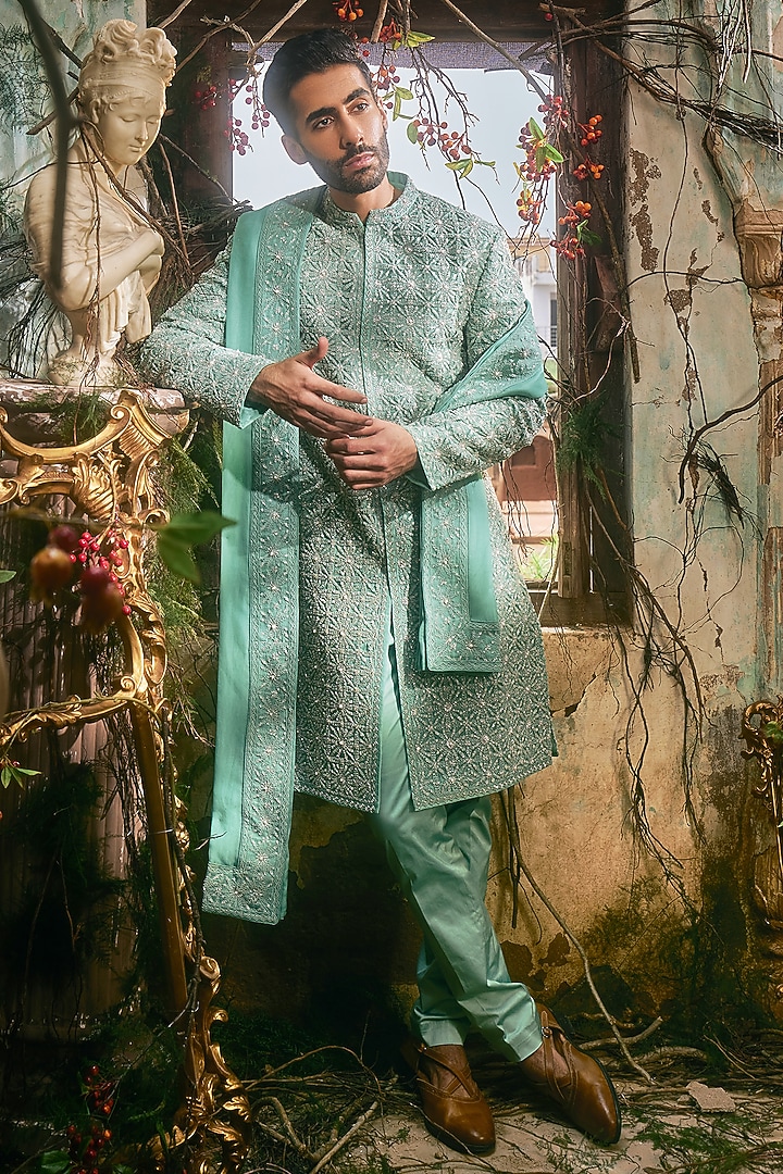 Aqua Green Organza & Satin Lycra Groom Sherwani Set by Varun Chakkilam Men at Pernia's Pop Up Shop