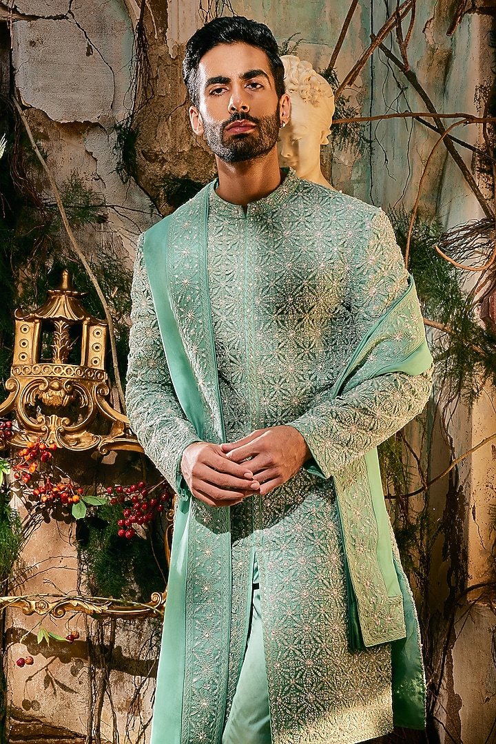 Aqua Green Organza & Satin Lycra Groom Sherwani Set by Varun Chakkilam Men at Pernia's Pop Up Shop