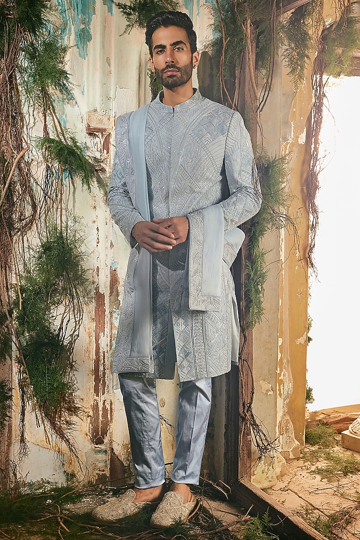 Light Blue Twill Silk & Satin Lycra Groom Sherwani Set by Varun Chakkilam Men at Pernia's Pop Up Shop