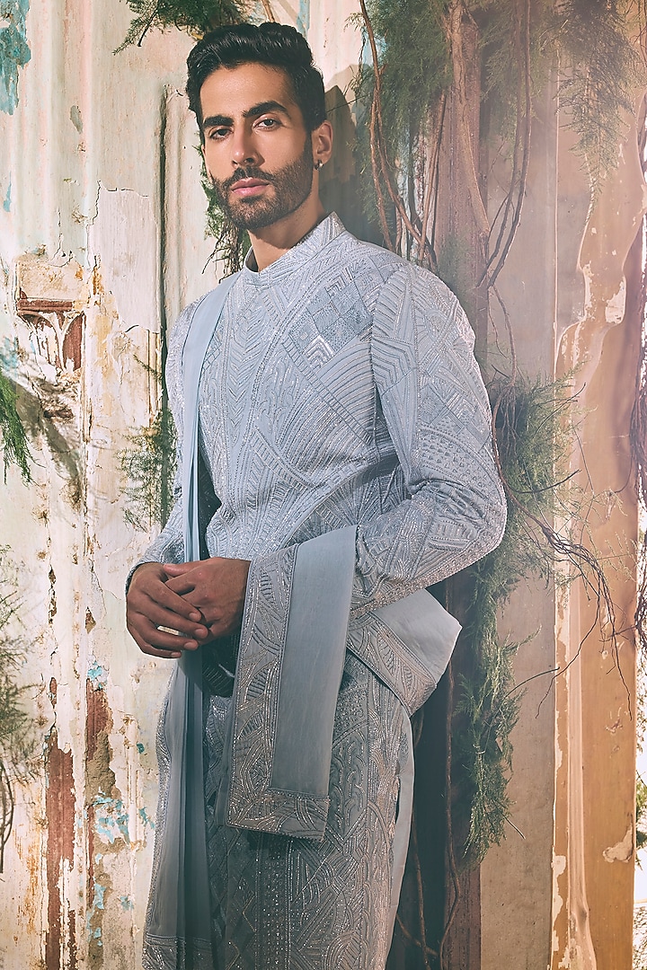 Light Blue Twill Silk & Satin Lycra Groom Sherwani Set by Varun Chakkilam Men at Pernia's Pop Up Shop