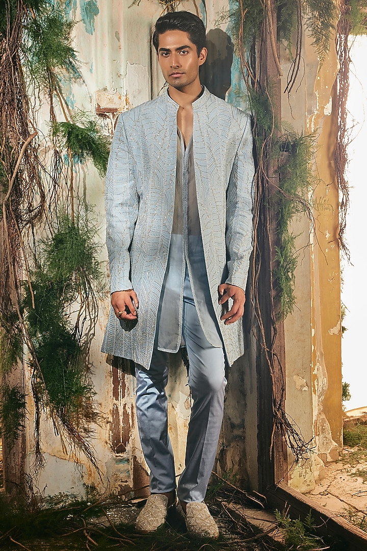 Light Blue Twill Silk & Satin Lycra Open Jacket Set by Varun Chakkilam Men at Pernia's Pop Up Shop