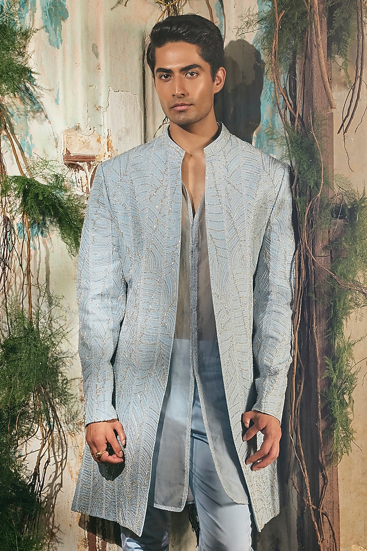 Light Blue Twill Silk & Satin Lycra Open Jacket Set by Varun Chakkilam Men at Pernia's Pop Up Shop
