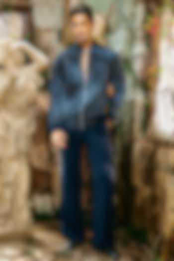 Midnight Blue Japanese Polyester & Organza Open Jacket Set by Varun Chakkilam Men at Pernia's Pop Up Shop