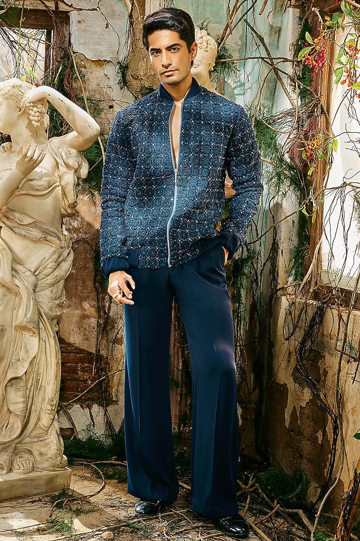 Midnight Blue Japanese Polyester & Organza Open Jacket Set by Varun Chakkilam Men at Pernia's Pop Up Shop