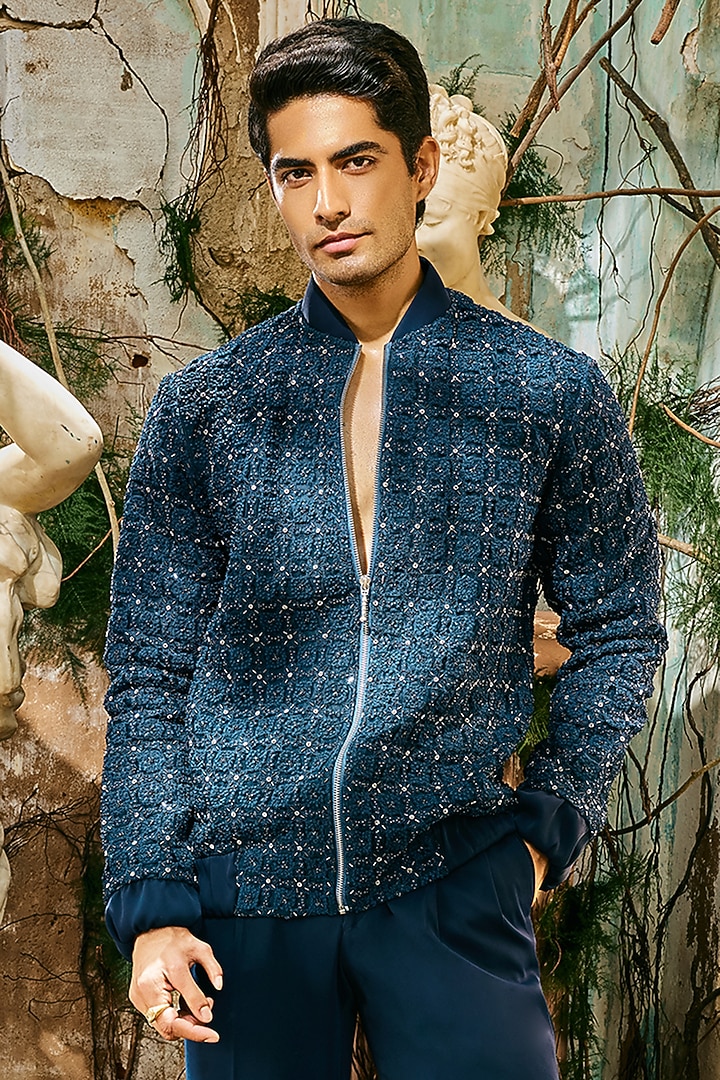 Midnight Blue Japanese Polyester & Organza Open Jacket Set by Varun Chakkilam Men at Pernia's Pop Up Shop