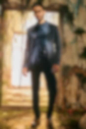 Midnight Blue Japanese Polyester & Organza Open Jacket Set by Varun Chakkilam Men at Pernia's Pop Up Shop