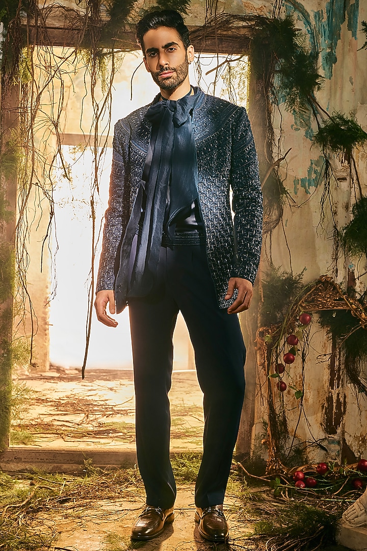 Midnight Blue Japanese Polyester & Organza Open Jacket Set by Varun Chakkilam Men at Pernia's Pop Up Shop