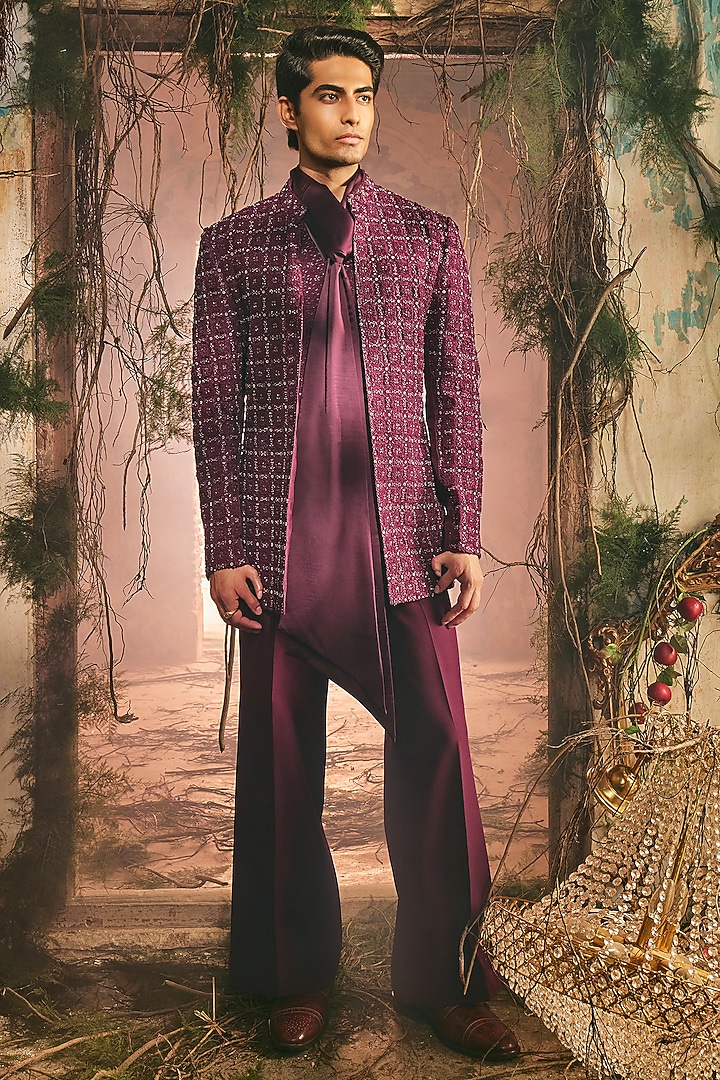 Plum Japanese Polyester & Organza Open Jacket Set by Varun Chakkilam Men at Pernia's Pop Up Shop