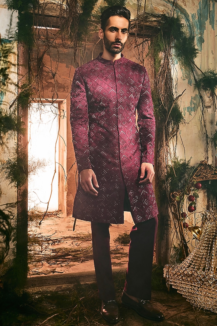 Plum Japanese Polyester & Twill Silk Groom Sherwani Set by Varun Chakkilam Men at Pernia's Pop Up Shop