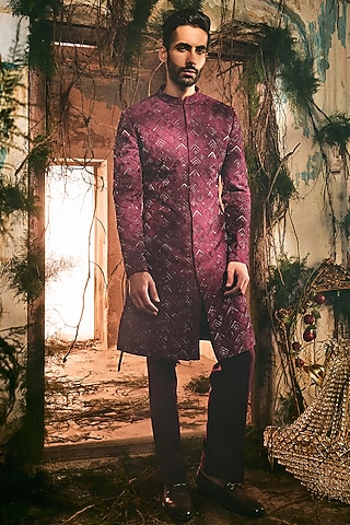 Plum Japanese Polyester & Twill Silk Sherwani Set by Varun Chakkilam Men