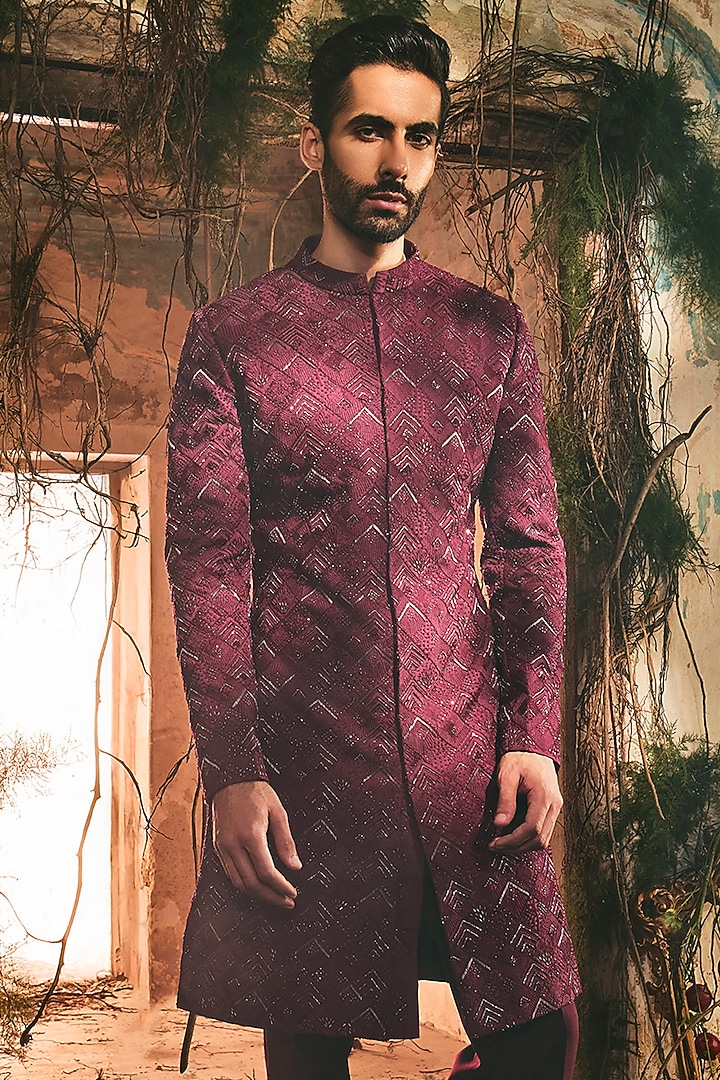Plum Japanese Polyester & Twill Silk Groom Sherwani Set by Varun Chakkilam Men at Pernia's Pop Up Shop