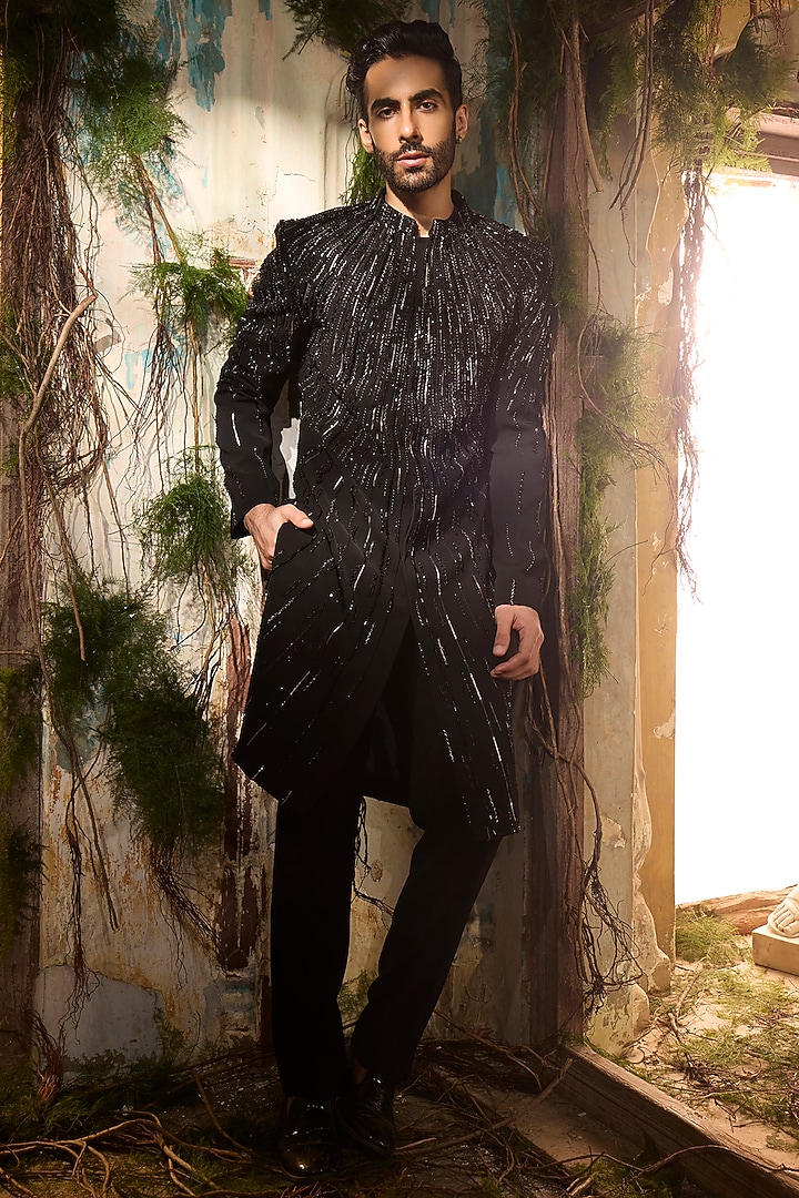 Black Japanese Polyester Groom Sherwani Set by Varun Chakkilam Men at Pernia's Pop Up Shop