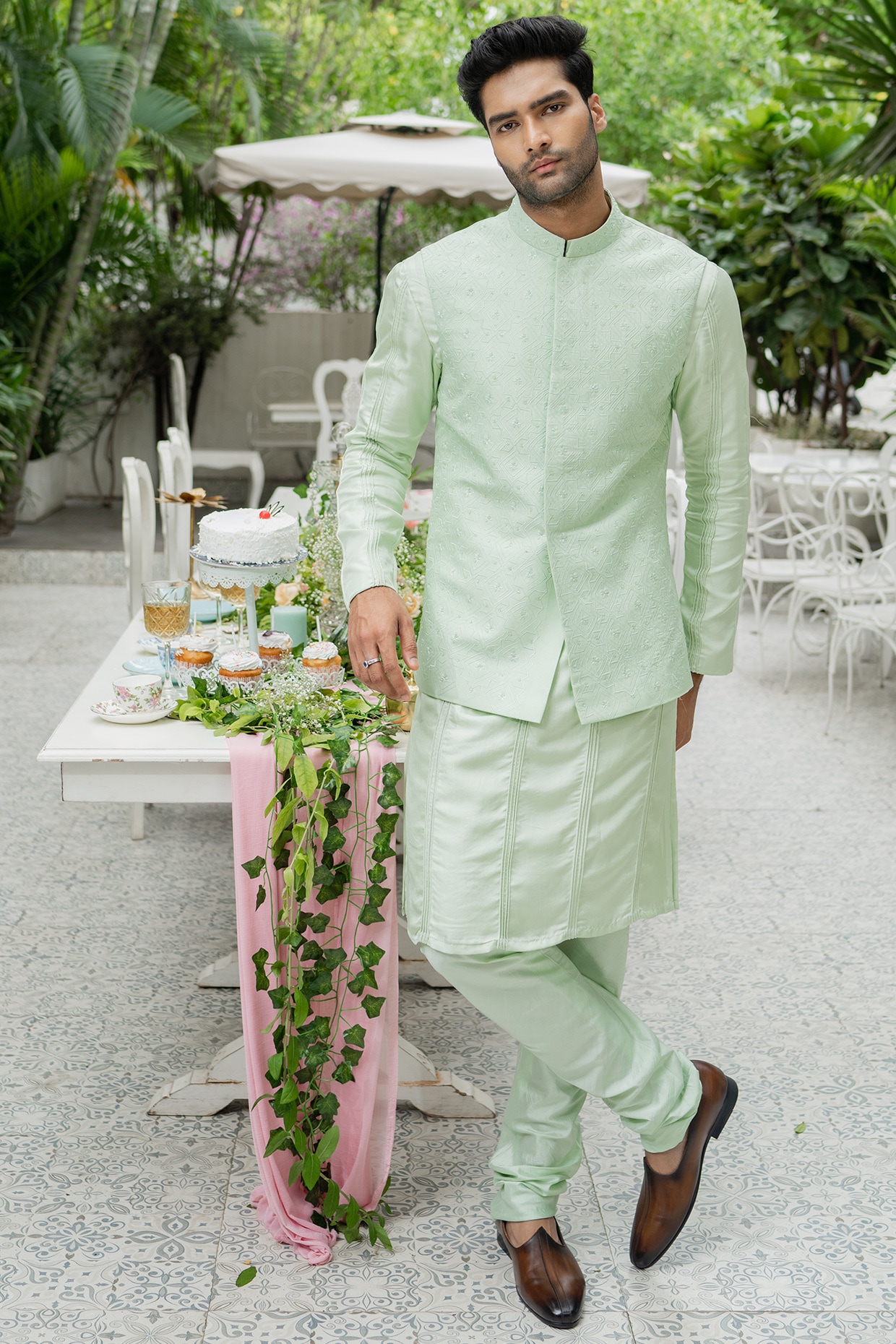 Lime Green Kurta with matching Embroidered Nehru Jacket & Pants - GetEthnic