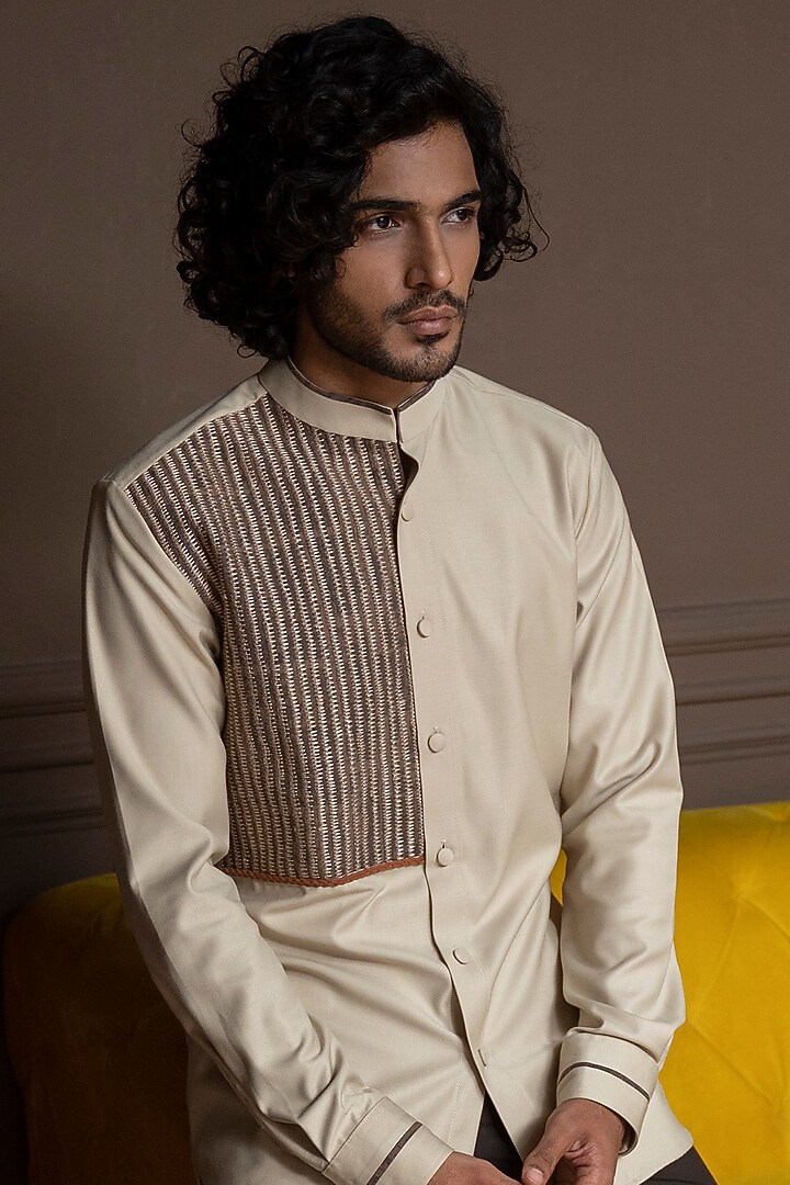 Beige Taupe Cotton Patch Party Wear Shirt by Varun Chakkilam Men at Pernia's Pop Up Shop