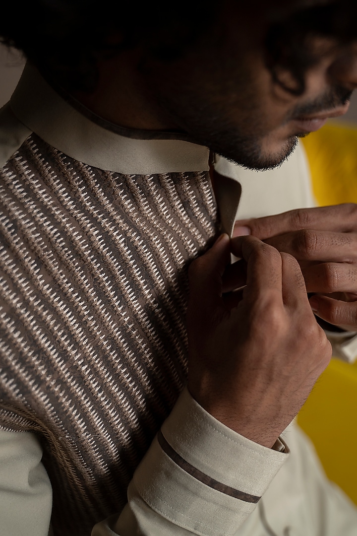 Beige Taupe Cotton Patch Party Wear Shirt by Varun Chakkilam Men at Pernia's Pop Up Shop