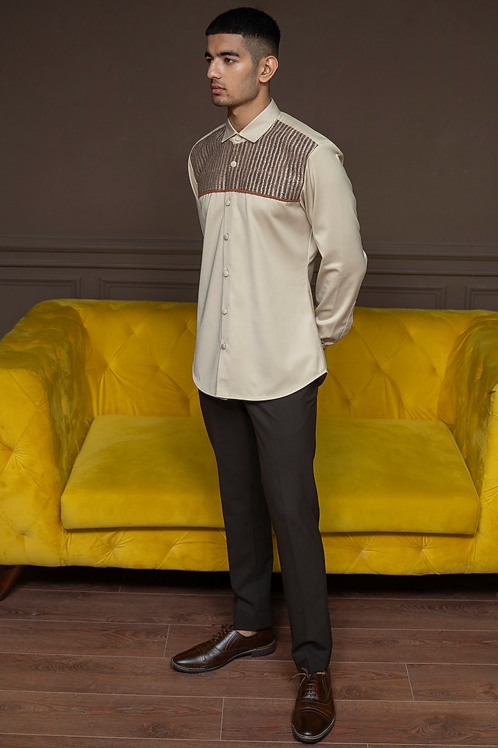 Beige Taupe Cotton Party Wear Shirt by Varun Chakkilam Men at Pernia's Pop Up Shop