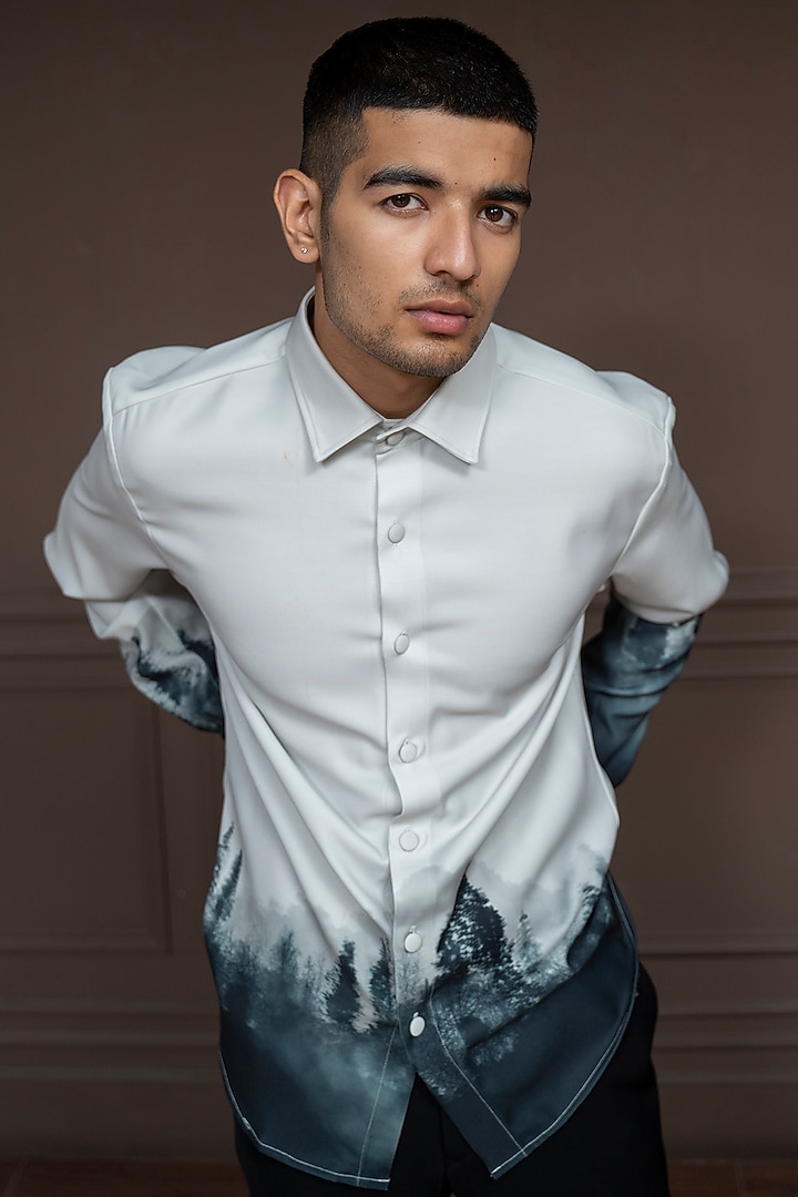Ivory-Midnight Forest Cotton Party Wear Shirt by Varun Chakkilam Men at Pernia's Pop Up Shop