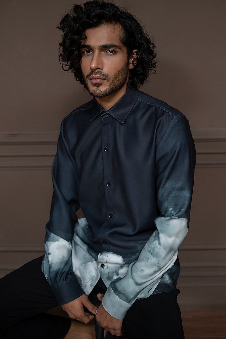 Black Cotton Cloud Printed Party Wear Shirt by Varun Chakkilam Men at Pernia's Pop Up Shop