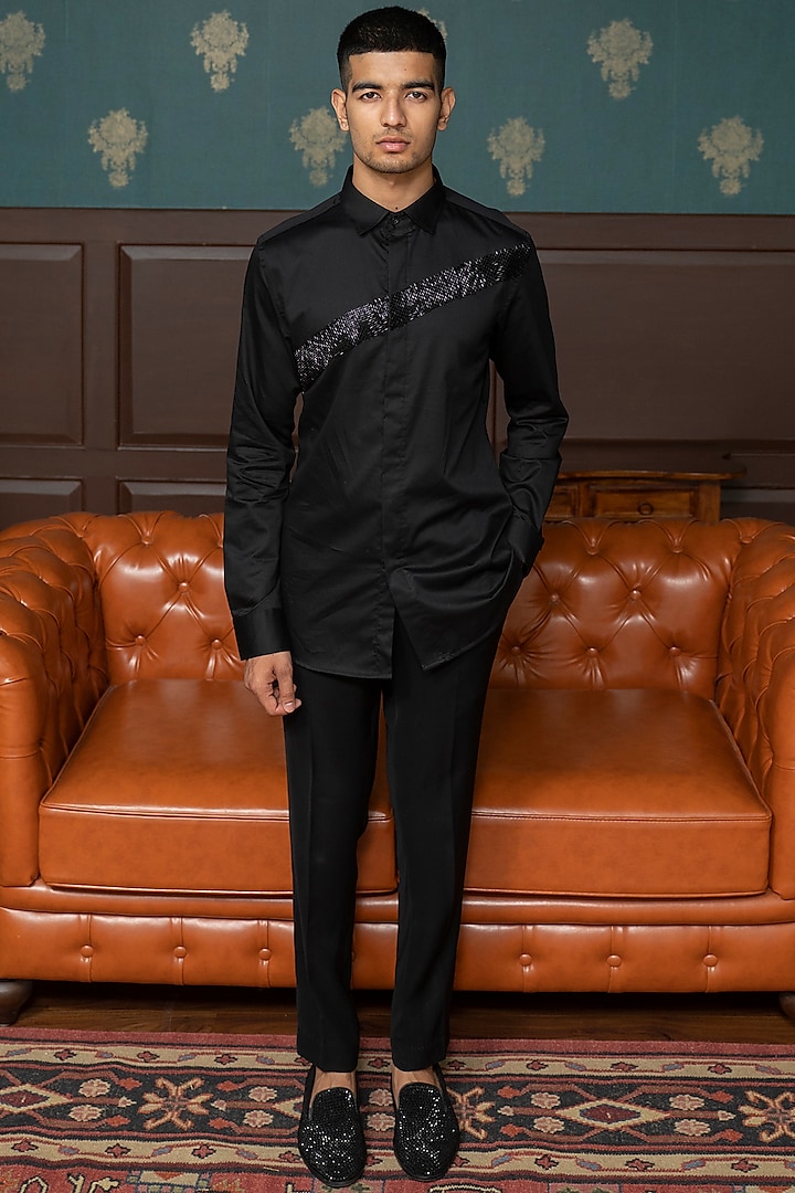 Ebony Black Embroidered Shirt by Varun Chakkilam Men