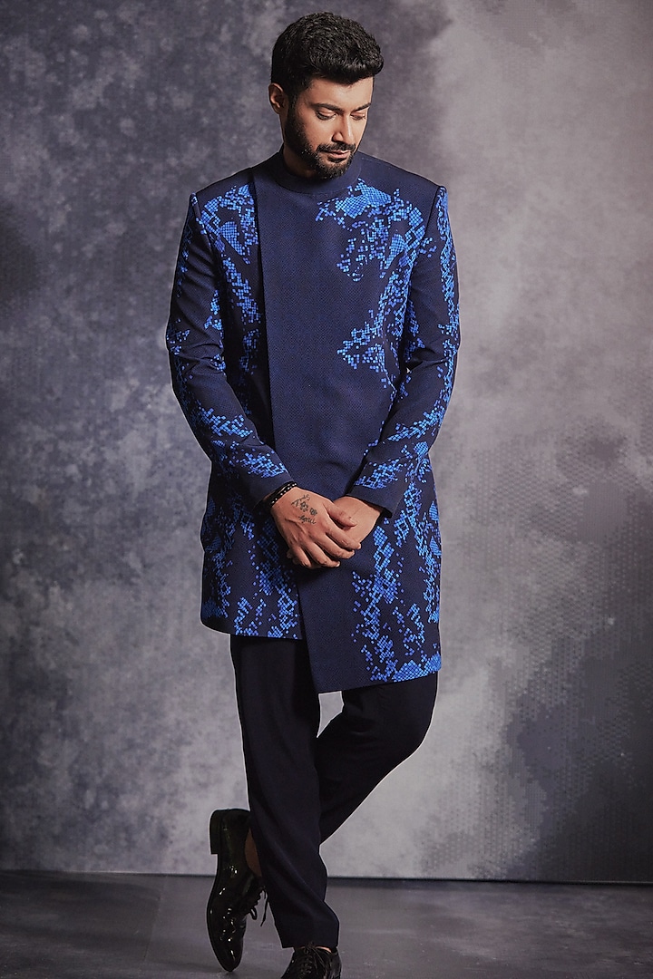 Azure Blue Poly Blend Suiting Printed Sherwani Set by Varun Chakkilam Men