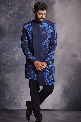 AQUA PRINTED DUPION SILK SHERWANI WITH OFF WHITE COTTON SILK