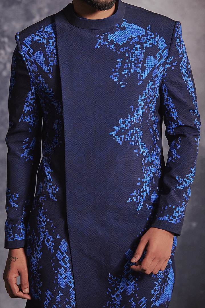 Azure Blue Poly Blend Suiting Printed Groom Sherwani Set by Varun Chakkilam Men at Pernia's Pop Up Shop