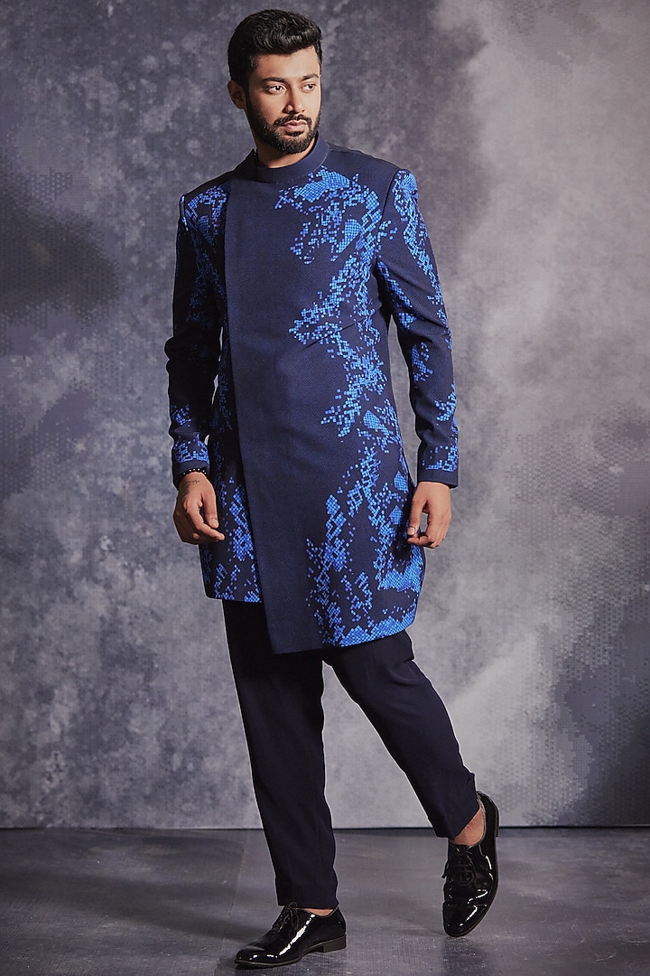 Azure Blue Poly Blend Suiting Printed Groom Sherwani Set by Varun Chakkilam Men at Pernia's Pop Up Shop