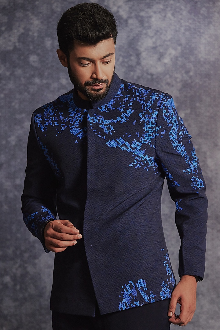 Azure Blue Poly Blend Suiting Printed Groom Bandhgala Set by Varun Chakkilam Men at Pernia's Pop Up Shop
