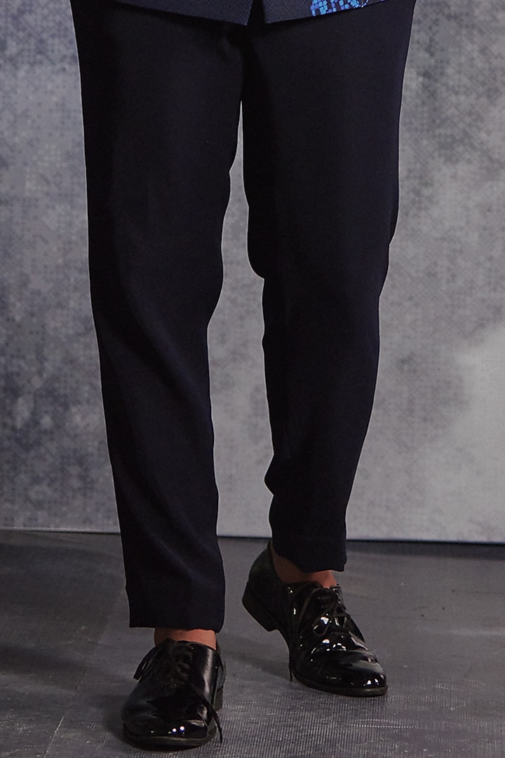 Azure Blue Poly Blend Suiting Printed Groom Bandhgala Set by Varun Chakkilam Men at Pernia's Pop Up Shop