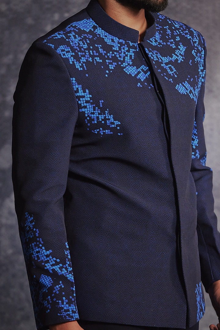 Azure Blue Poly Blend Suiting Printed Groom Bandhgala Set by Varun Chakkilam Men at Pernia's Pop Up Shop
