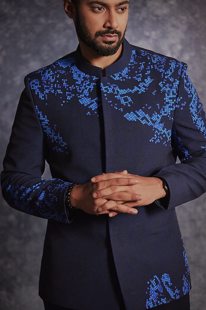 Azure Blue Poly Blend Suiting Printed Groom Bandhgala Set by Varun Chakkilam Men at Pernia's Pop Up Shop
