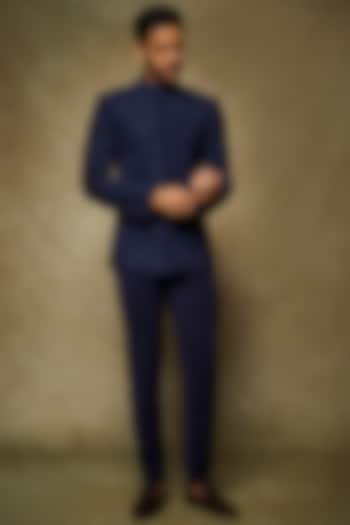 Sapphire Blue Poly Blend Suiting Aari Work Groom Bandhgala by Varun Chakkilam Men at Pernia's Pop Up Shop