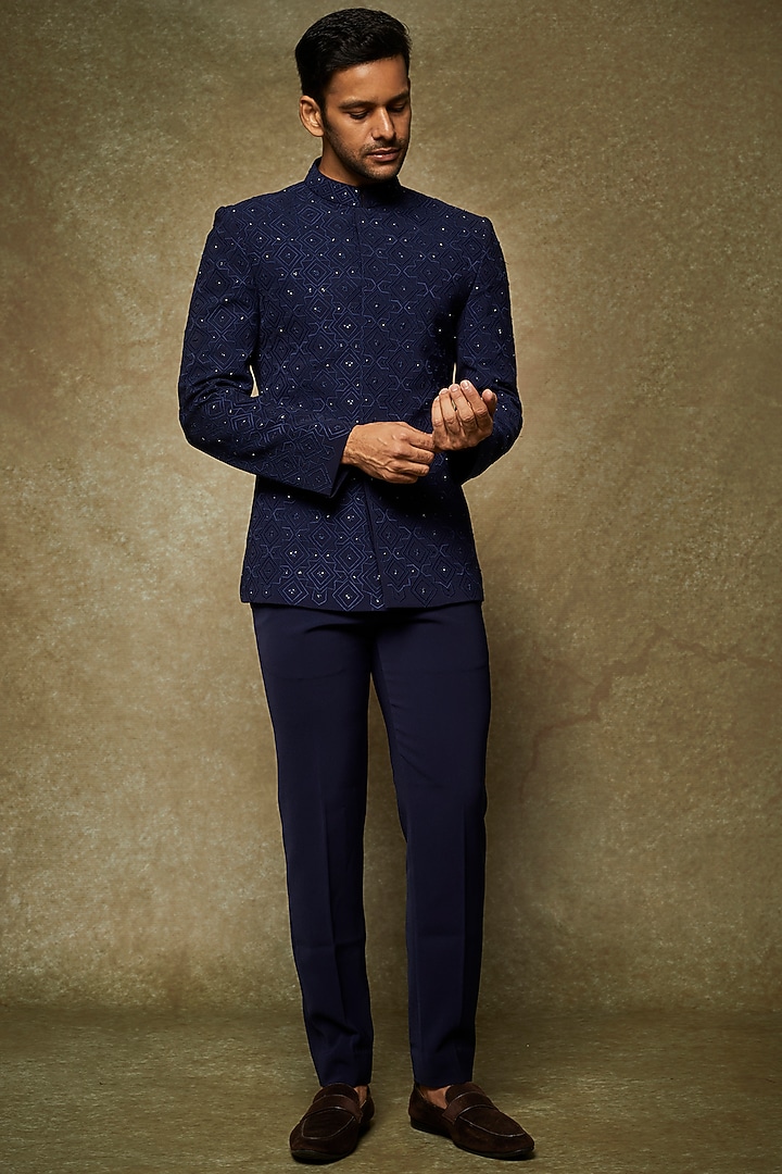 Sapphire Blue Poly Blend Suiting Aari Work Groom Bandhgala by Varun Chakkilam Men at Pernia's Pop Up Shop
