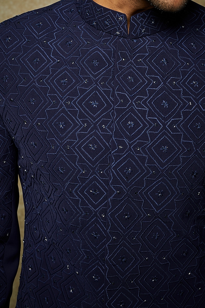 Sapphire Blue Polyblend Suiting Groom Bandhgala Set by Varun Chakkilam Men at Pernia's Pop Up Shop