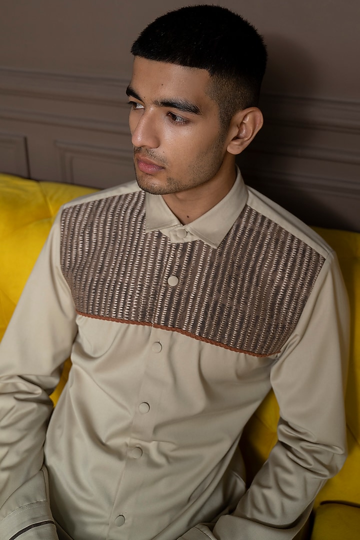 Beige Taupe Cotton Party Wear Shirt by Varun Chakkilam Men at Pernia's Pop Up Shop