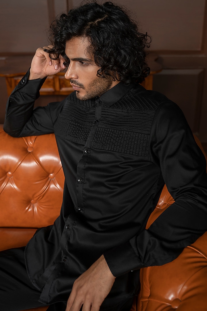Ebony Black Cotton Party Wear Shirt by Varun Chakkilam Men at Pernia's Pop Up Shop