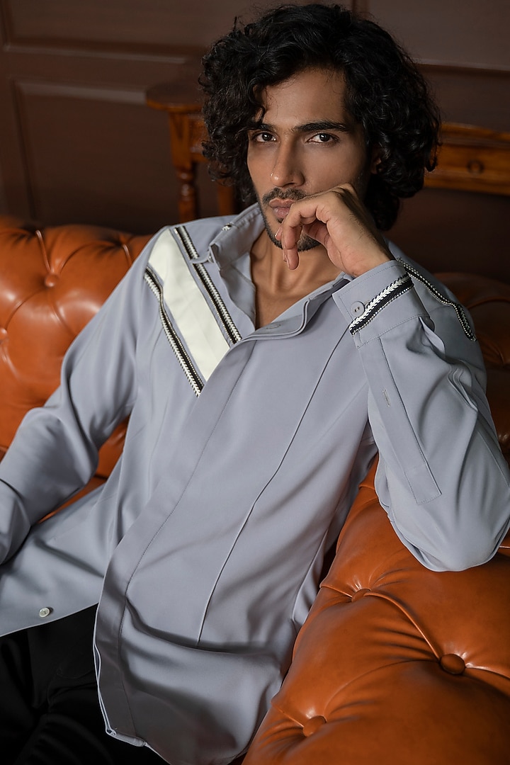 Lilac Grey Cotton Party Wear Shirt by Varun Chakkilam Men at Pernia's Pop Up Shop