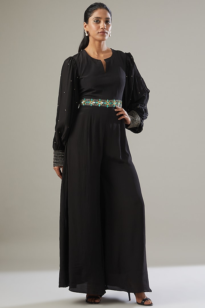 Black Crepe Embroidered Jumpsuit by VIDHI AGRAWAL