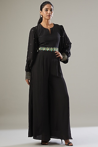 Black Crepe Embroidered Jumpsuit by VIDHI AGRAWAL