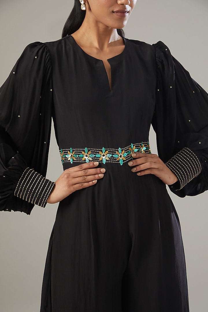 Black Crepe Embroidered Jumpsuit by VIDHI AGRAWAL at Pernia's Pop Up Shop