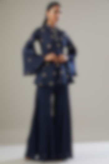 Navy Blue Silk Satin Co-Ord Set by VIDHI AGRAWAL