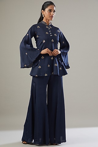 Navy Blue Silk Satin Co-Ord Set by VIDHI AGRAWAL