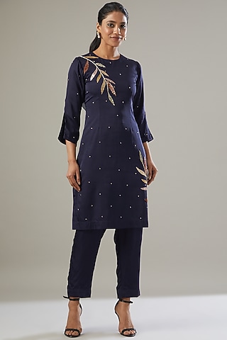 Navy Blue Silk Satin Embroidered Kurta Set by VIDHI AGRAWAL