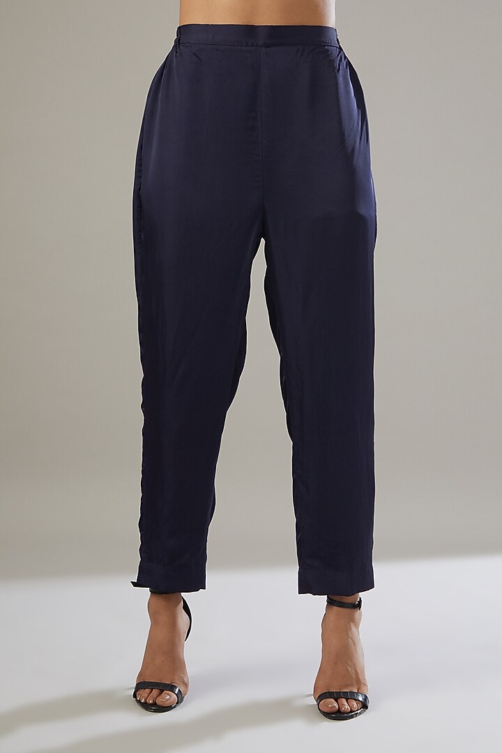 Navy Blue Silk Satin Embroidered Kurta Set by VIDHI AGRAWAL at Pernia's Pop Up Shop